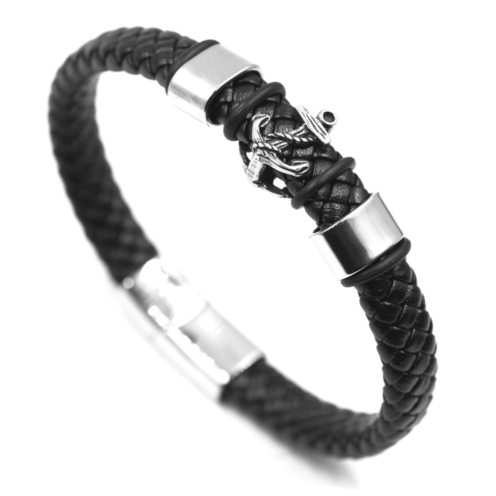 Man Bracelet  Anchor in Leather and Steel