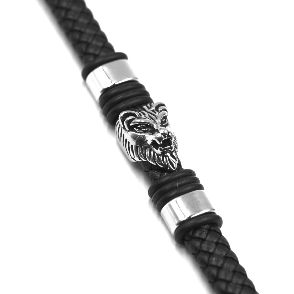 Man Bracelet Lion in Leather and Steel