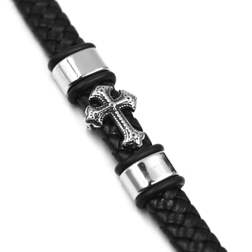 Man Bracelet Cross in Leather and Steel