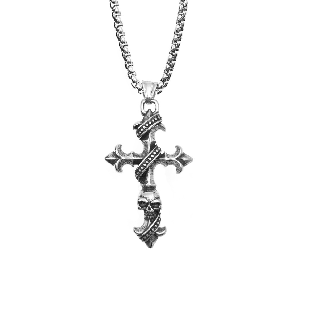 Necklace with Cross and Skull Pendant