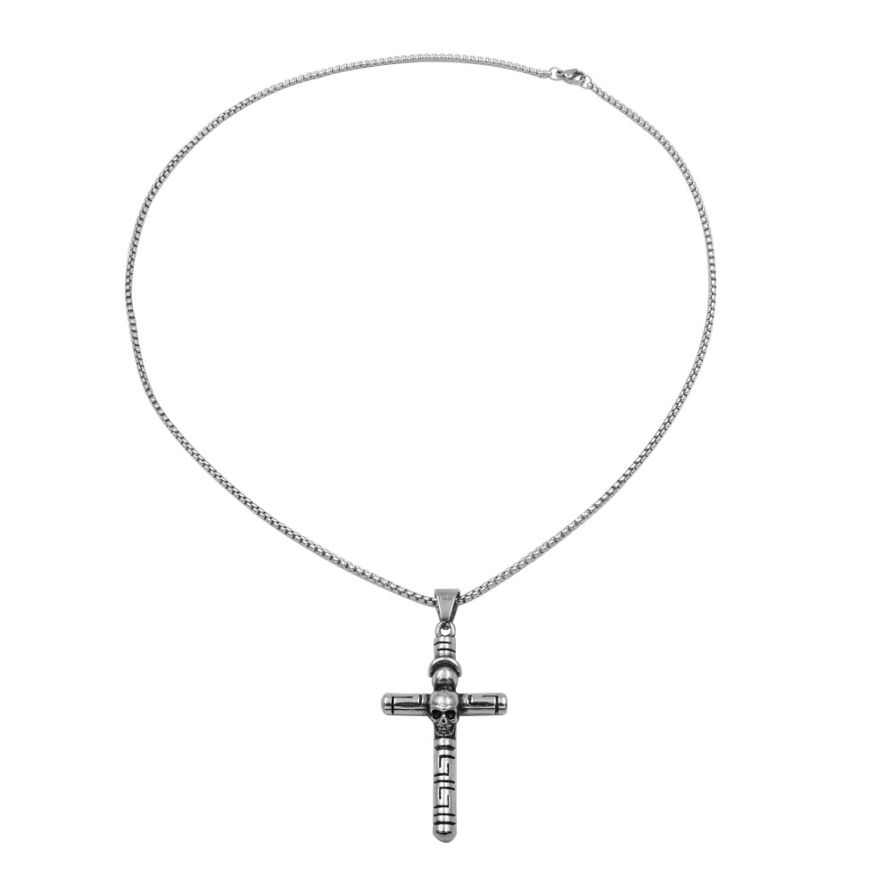 Necklace with cross-shaped pendant with stainless steel skull