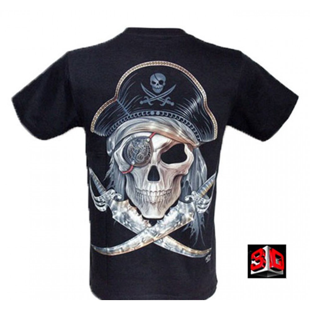 Rock Chang T-shirt Effect 3D and Noctilucent Capitain's Skull with Piercing