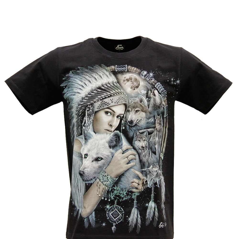 Caballo T-shirt Noctilucent Indian Woman and Wolf