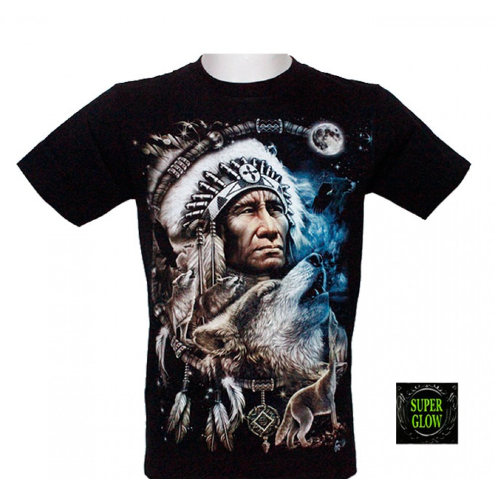 Caballo T-shirt Native American with Wolf