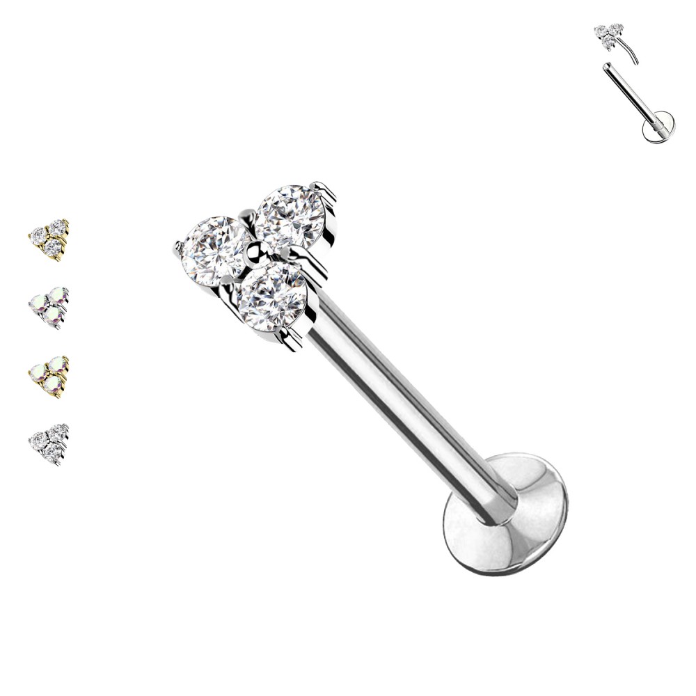 Labret Push-in Threadless Piercing of Steel with Three Crystals
