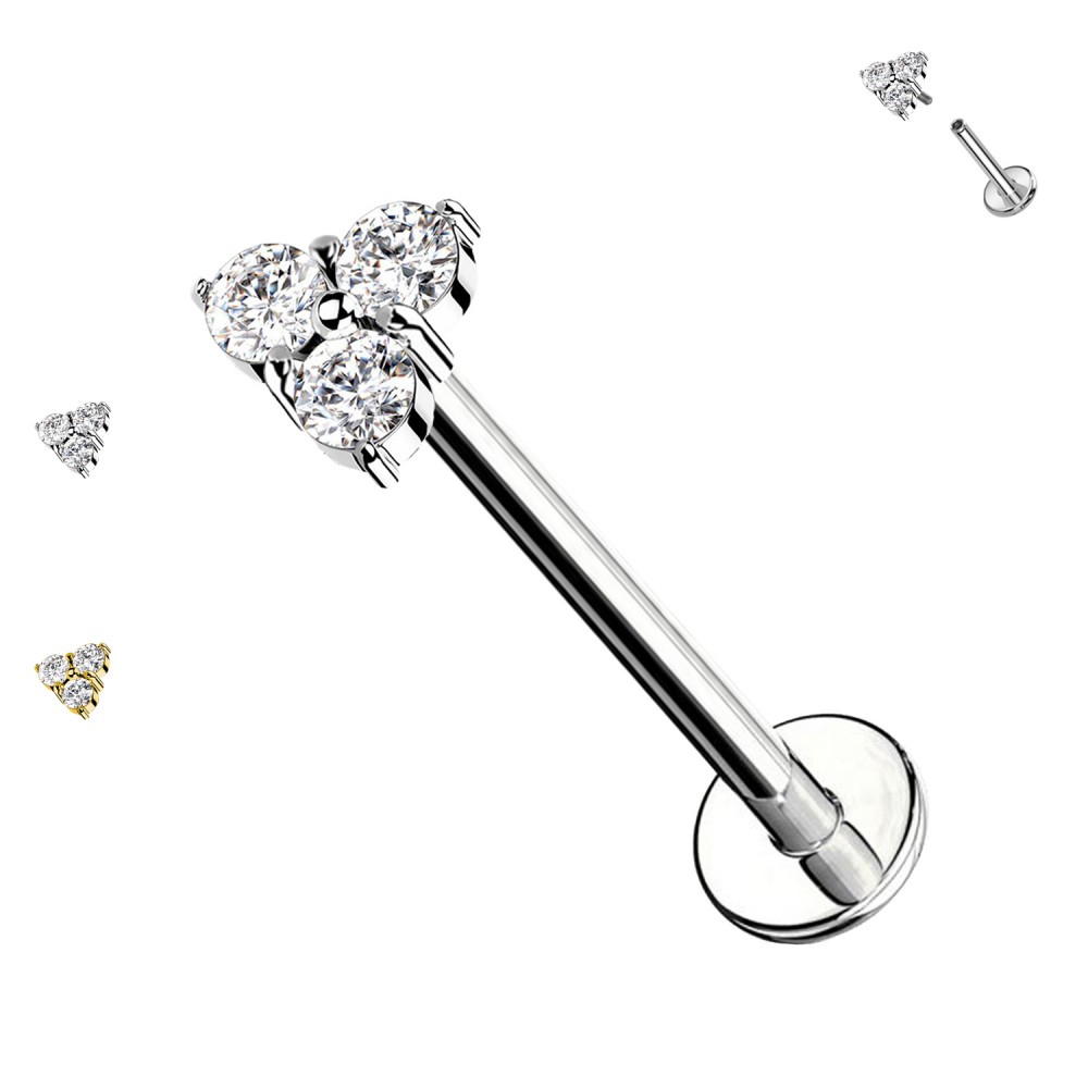 Flat Piercing Labret with Internal Thread in Stainless Steel with Three Crystals