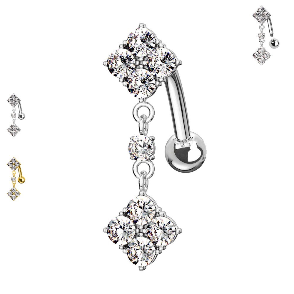 Navel piercing with hanging square crystals