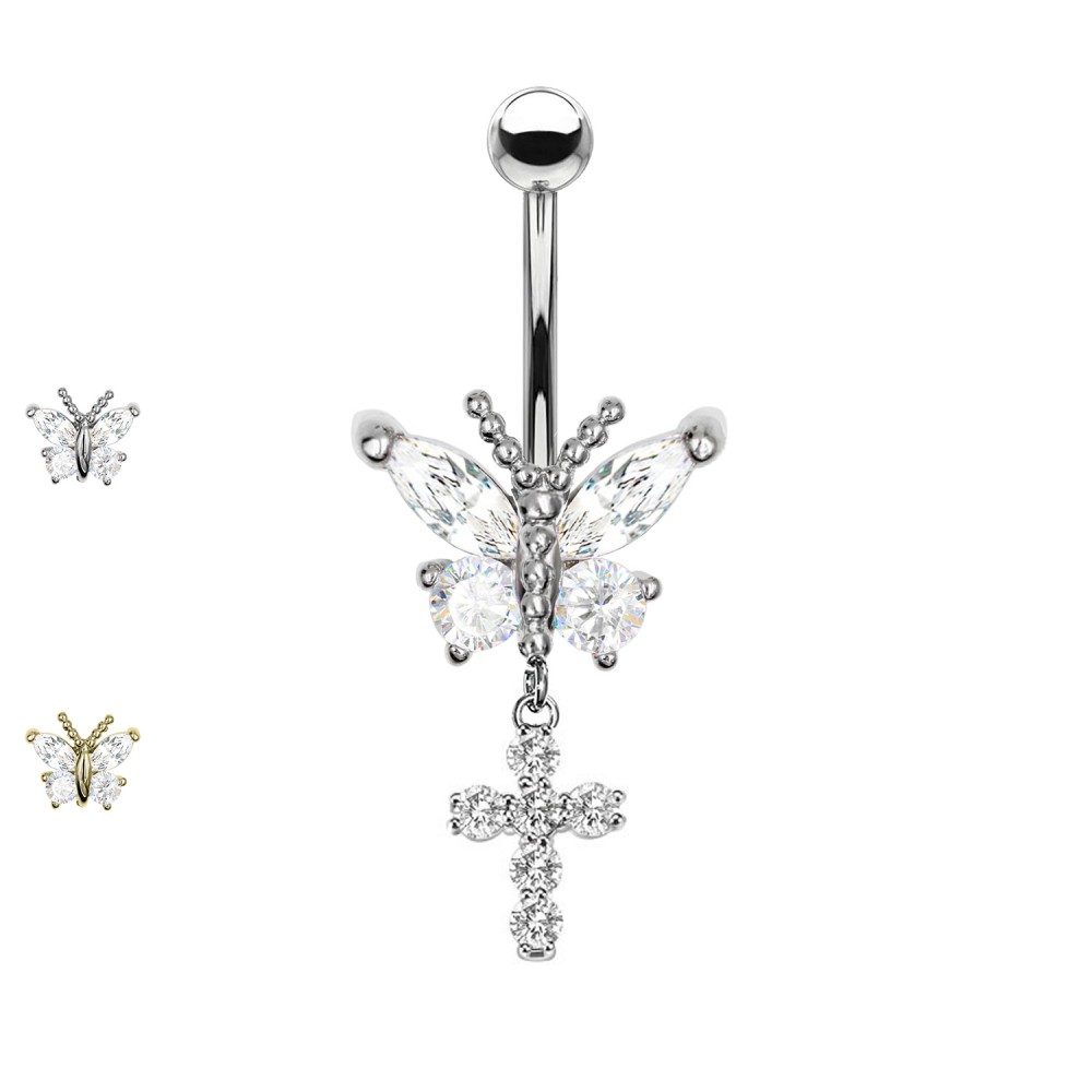 Navel Piercing with Crystal - Butterfly and Crosses