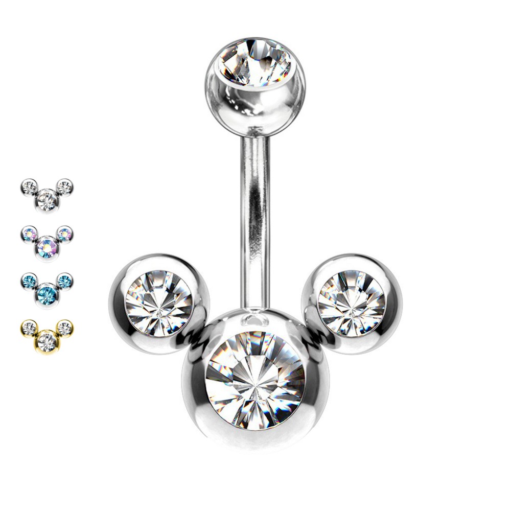 Navel Piercing in Steel with Three Crystals