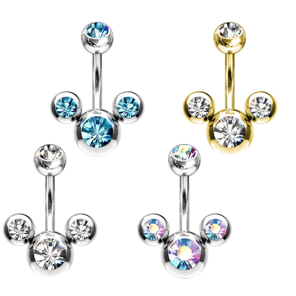 Navel Piercing in Steel with Three Crystals