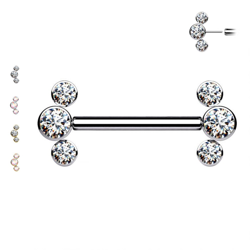 Nipple Barbell Push-in Theadless with 3 Crystals