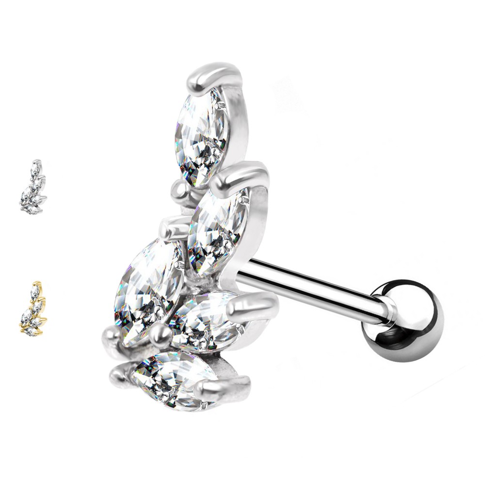 Ear Piercing Barbell Stud with Leaf Shaped Crystals