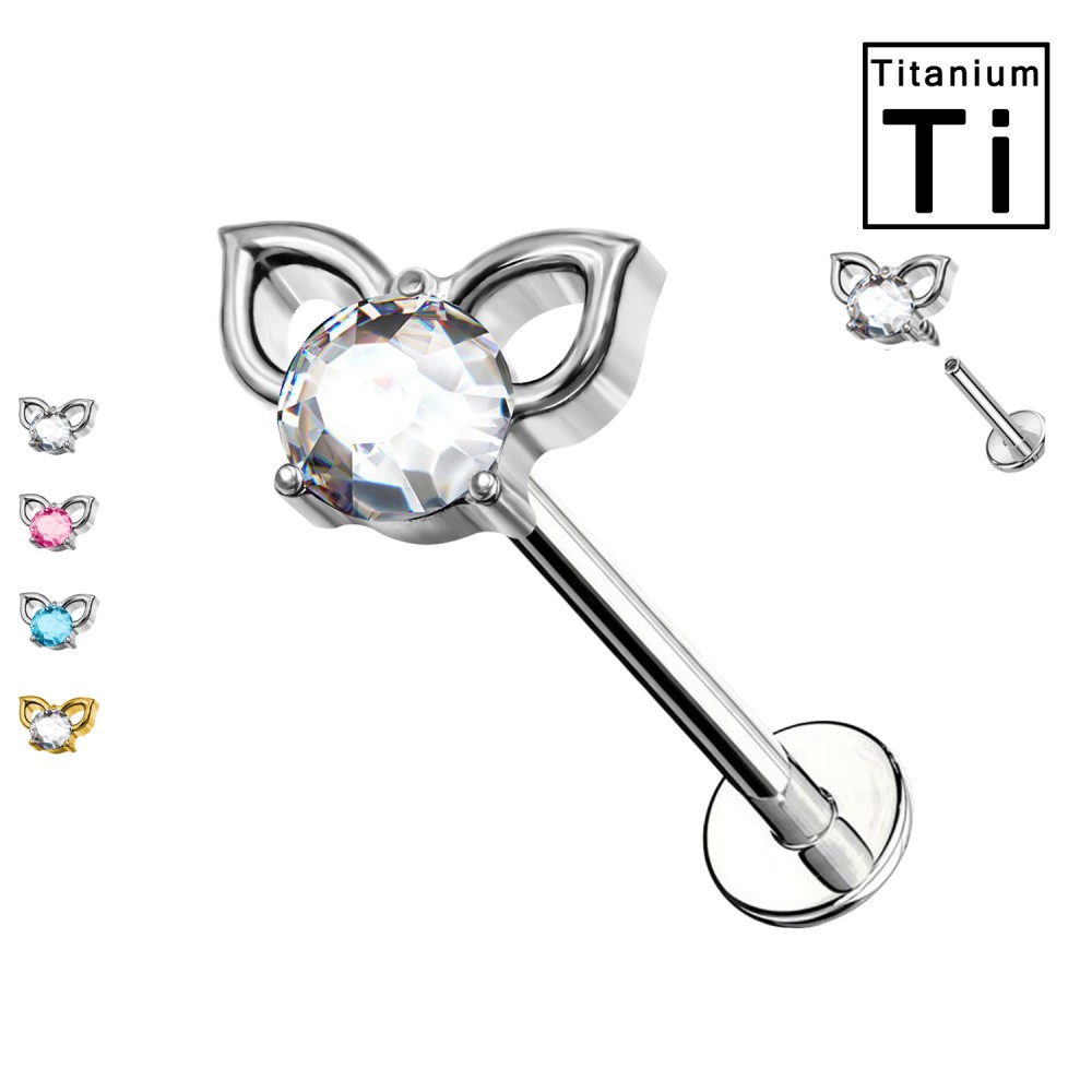 Titanium Labret Piercing with Cat Ears with Crystals