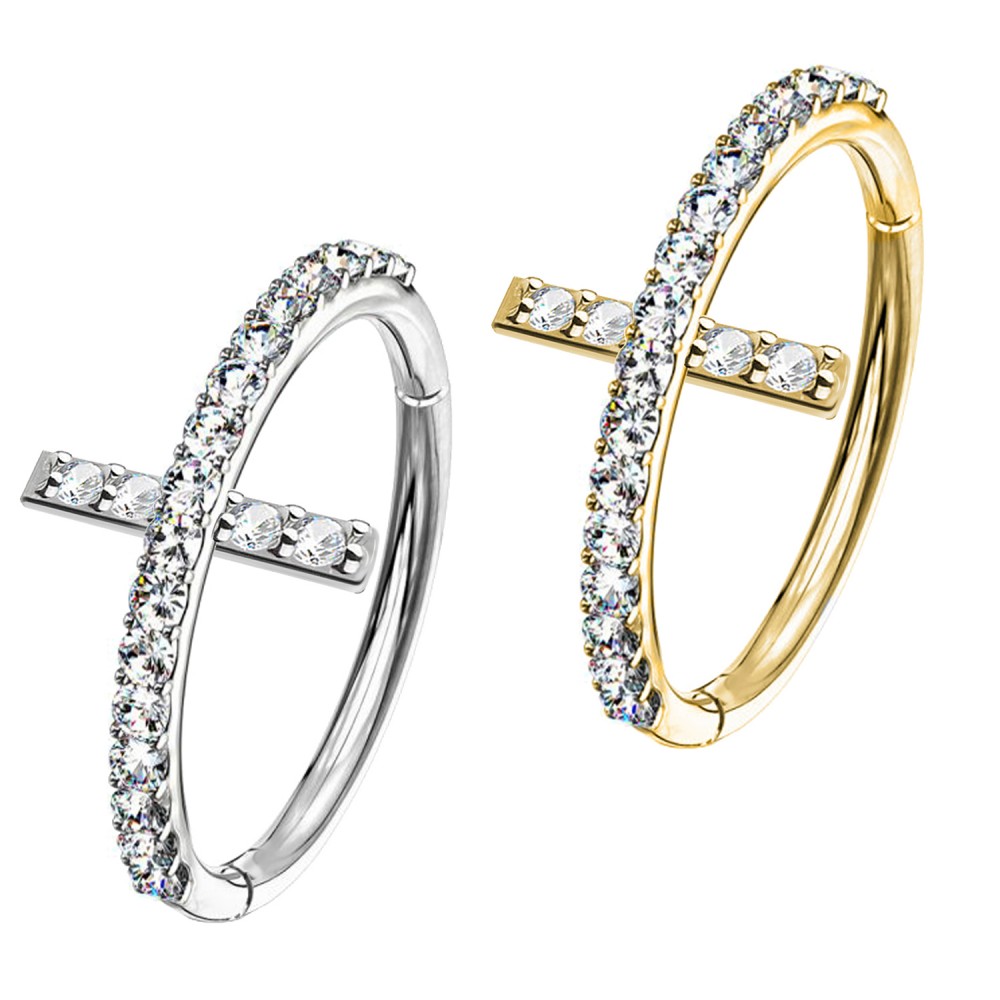 PY-120 Piercing Ring with Crystals cross