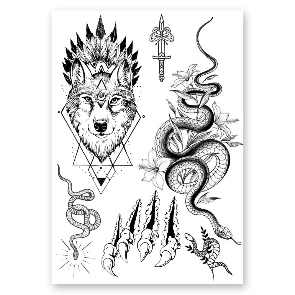 AWAKEN Fake Tattoo Stickers Temporary Juice Tattoo Wolf Snake